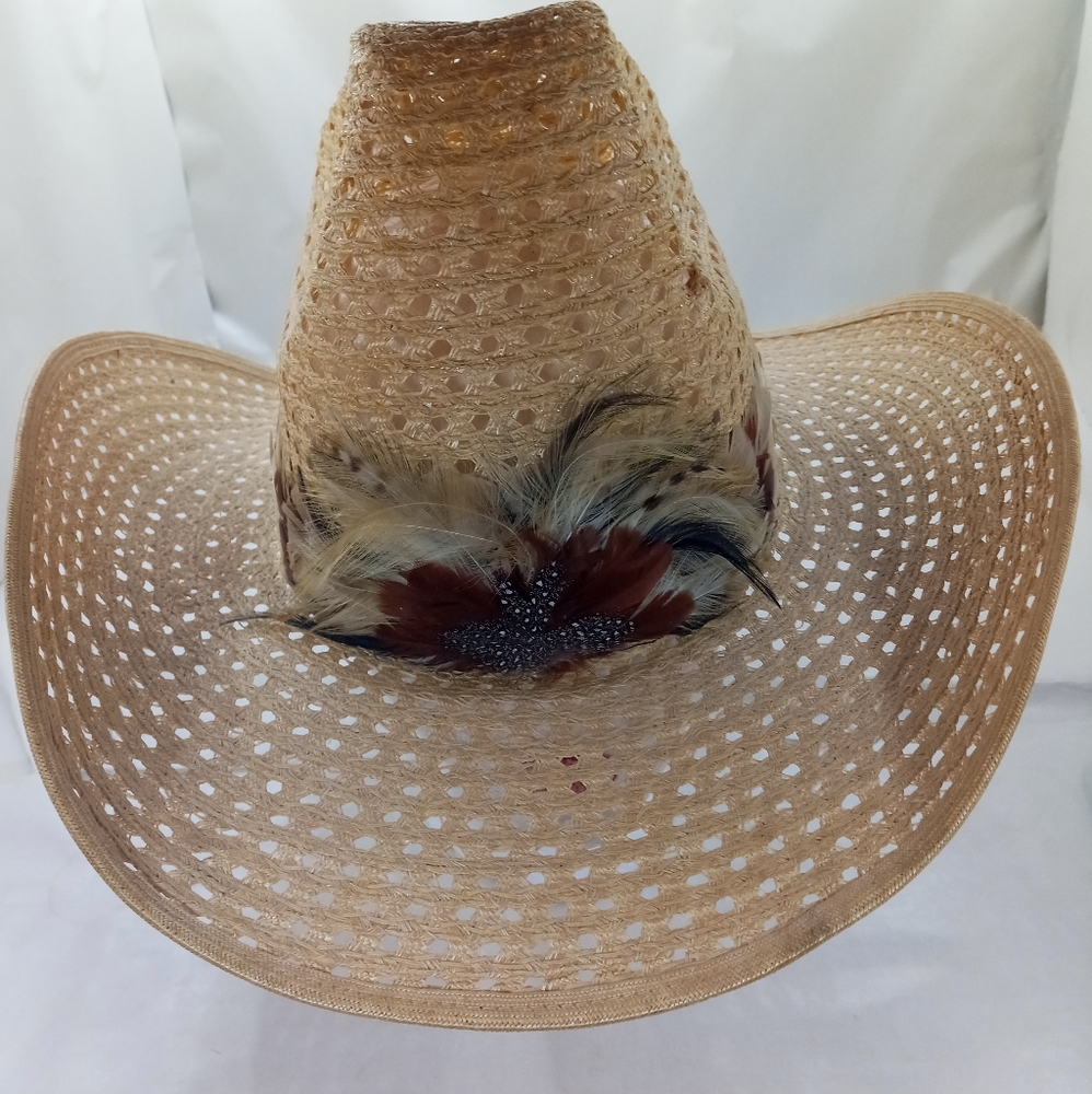 Vintage Straw Cowboy Hat Made in Mexico 7⅛ Feathers